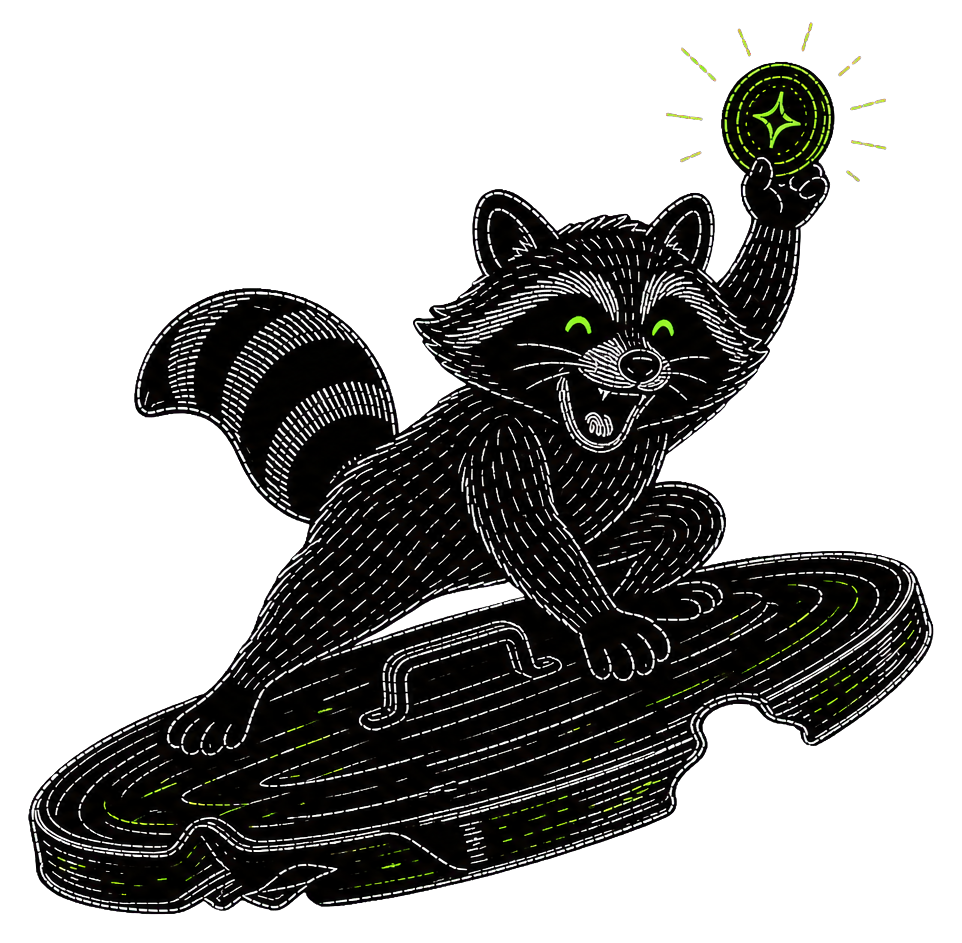 Cartoon ASCII raccoon surfing through space on a trash-can lid while holding a glowing coin