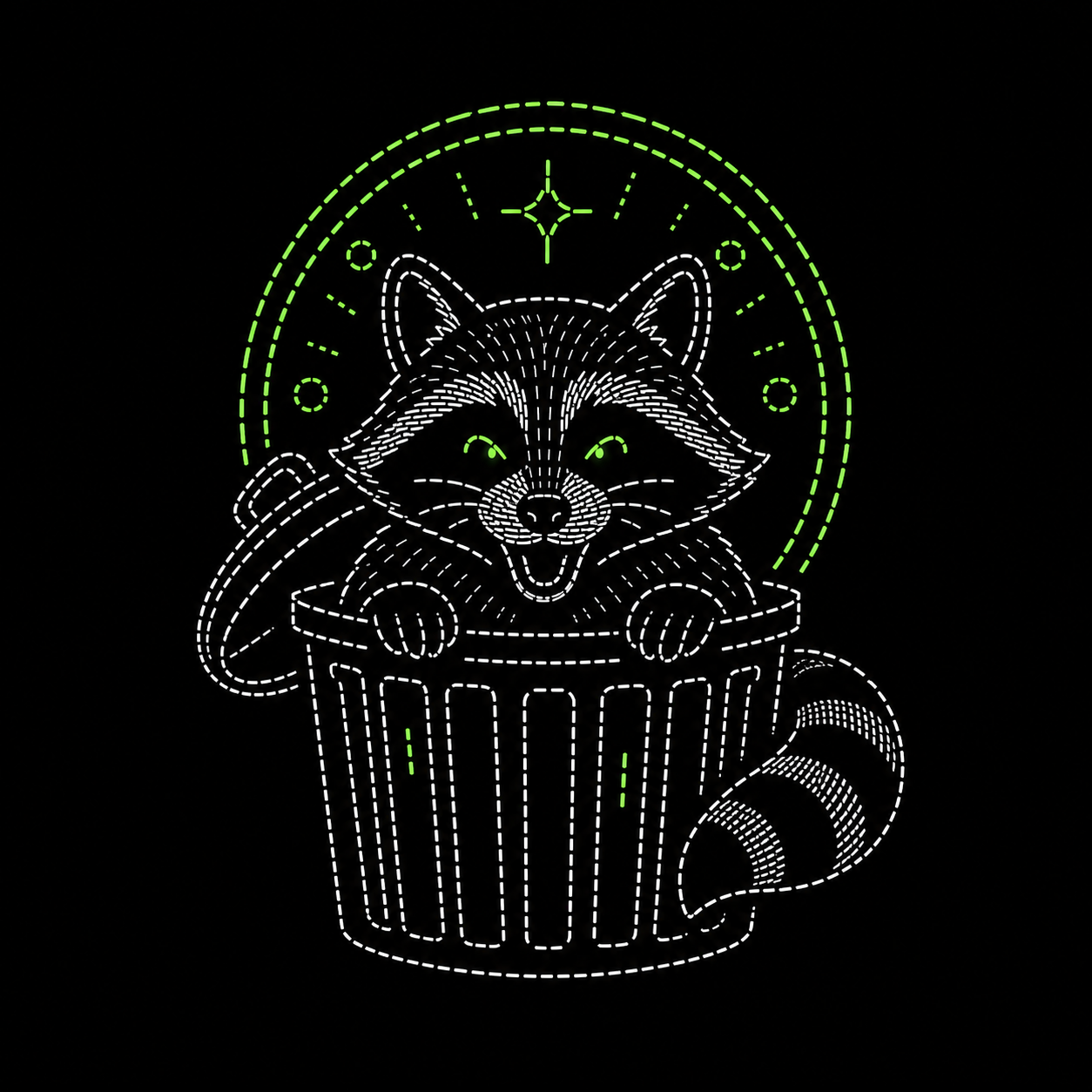 Trash Coin raccoon mascot peeking from a trash can