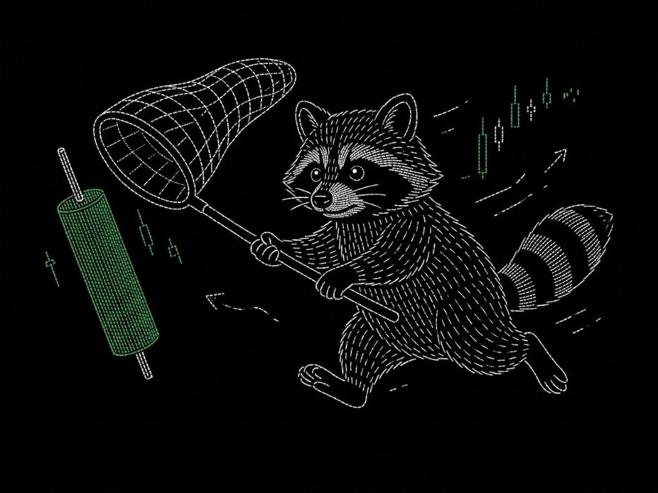 ASCII raccoon chasing a green chart candle with a net