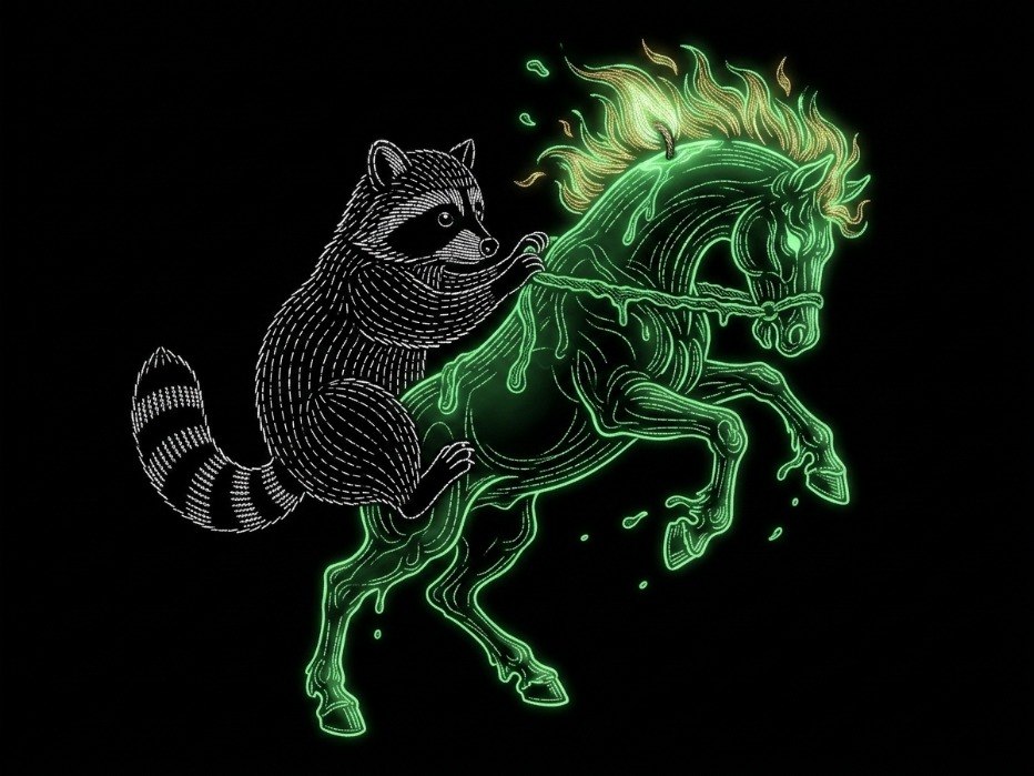 Cartoon ASCII raccoon riding a glowing green horse