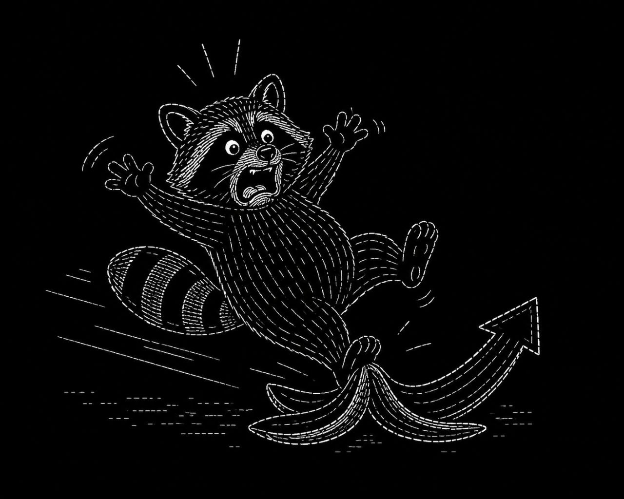 Cartoon ASCII raccoon slipping on a banana peel beside an upward arrow