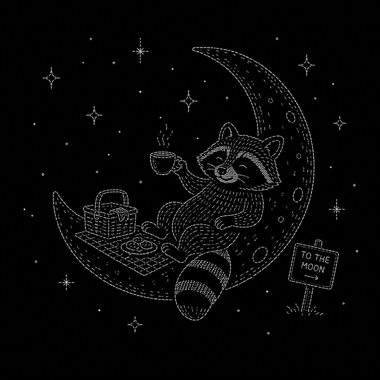 Cartoon ASCII raccoon having a picnic on a crescent moon