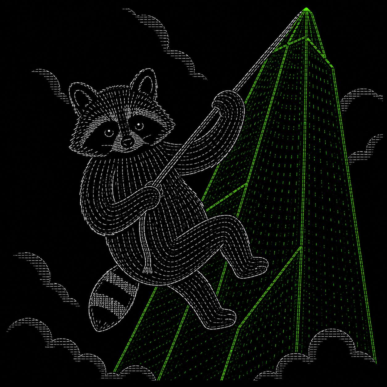 Cartoon ASCII raccoon climbing a glowing mountain