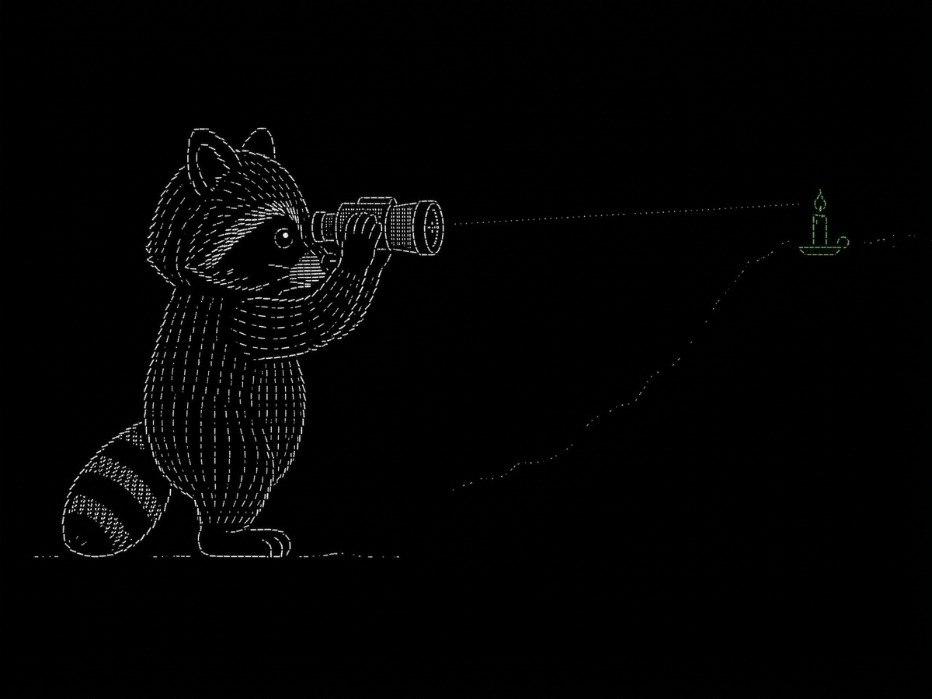 ASCII raccoon looking through a telescope